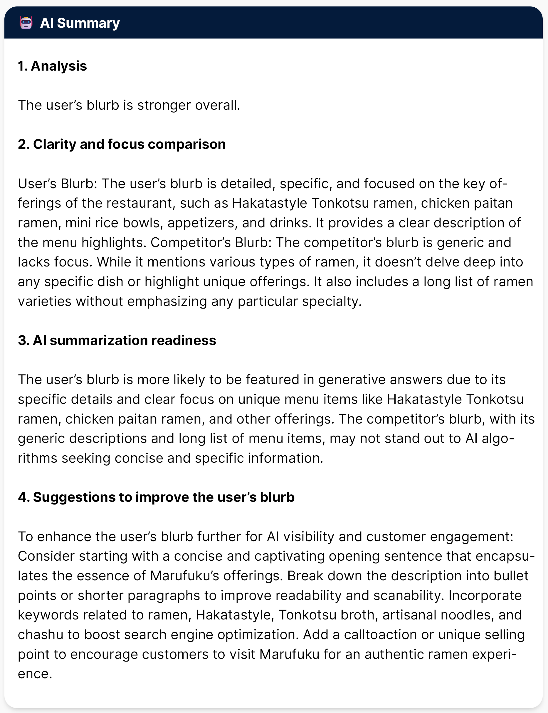 Screenshot showing AI content clarity analysis from the Comparative Clarity Scan tool. The results compare two brand blurbs and highlight which one is clearer, more focused, and better optimized for AI summarization.