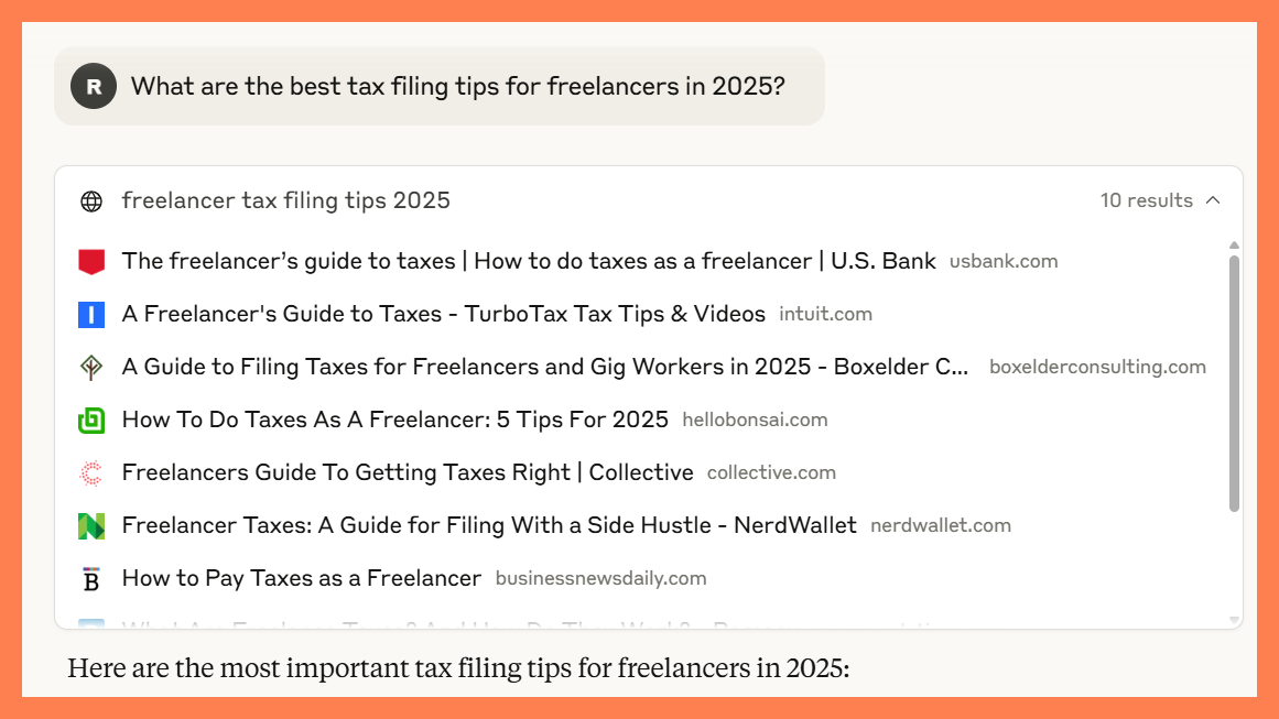 Screenshot of a Claude AI response to the question 'What are the best tax filing tips for freelancers in 2025?' The interface shows a list of 10 sources, including articles from U.S. Bank, TurboTax, Boxelder Consulting, Bonsai, Collective, NerdWallet, and Business News Daily. The sources focus on tax advice and tips tailored to freelancers and gig workers.