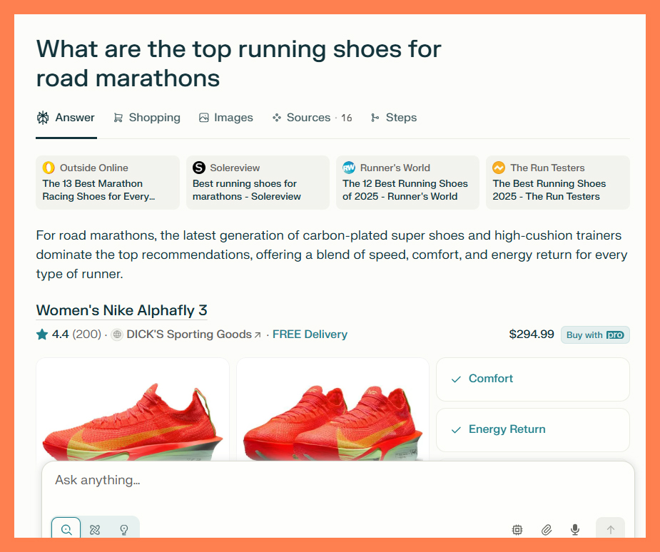 erplexity AI search result for 'What are the top running shoes for road marathons?' featuring the Nike Alphafly 3 with product images, price, ratings, and comfort and energy return highlights