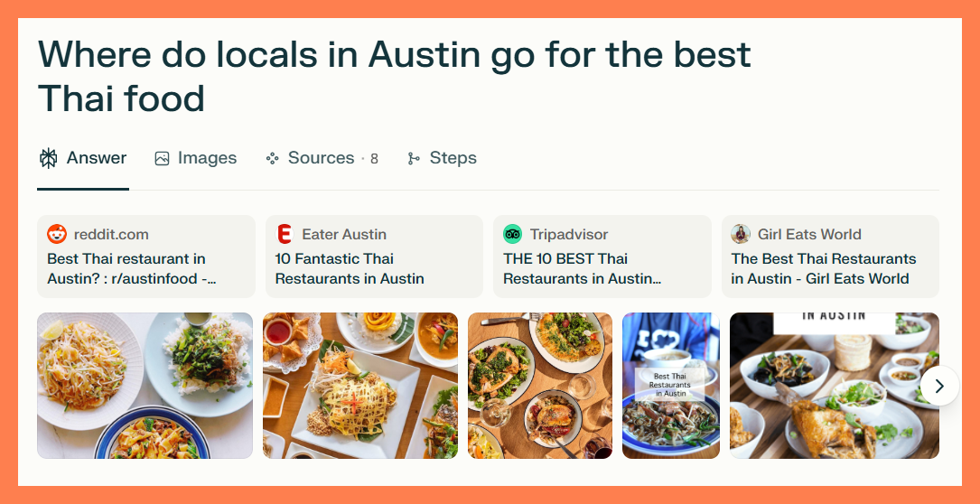 Screenshot showing AI trust signals in a local search result for Thai food in Austin, with Perplexity AI highlighting recommendations from Reddit, Eater Austin, and food blogs, supported by visuals of popular Thai dishes.