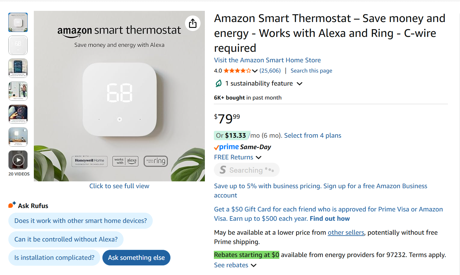 Screenshot of Amazon product listing for the Amazon Smart Thermostat. The product image shows a minimalist white square thermostat displaying the number 68. The title highlights compatibility with Alexa and Ring. The price is $79.99 with financing and rebate options, and the listing includes ratings, shipping info, and questions answered by the AI assistant Rufus.