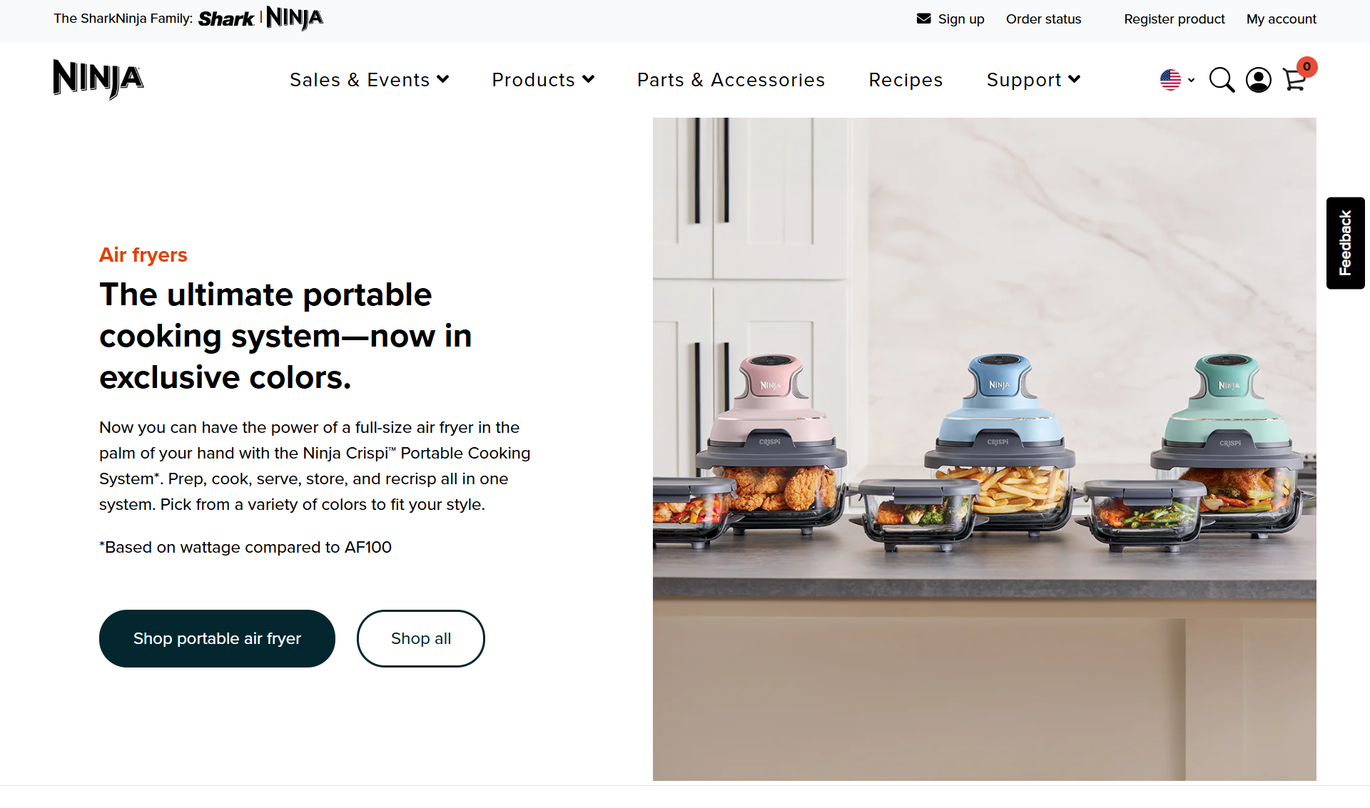 Screenshot from Ninja’s website promoting their Crispi™ Portable Cooking System, shown in pink, blue, and mint green. The countertop display features food like fried chicken, fries, and vegetables inside the portable air fryer units. Headline reads “The ultimate portable cooking system—now in exclusive colors.” Buttons below offer options to shop the product.