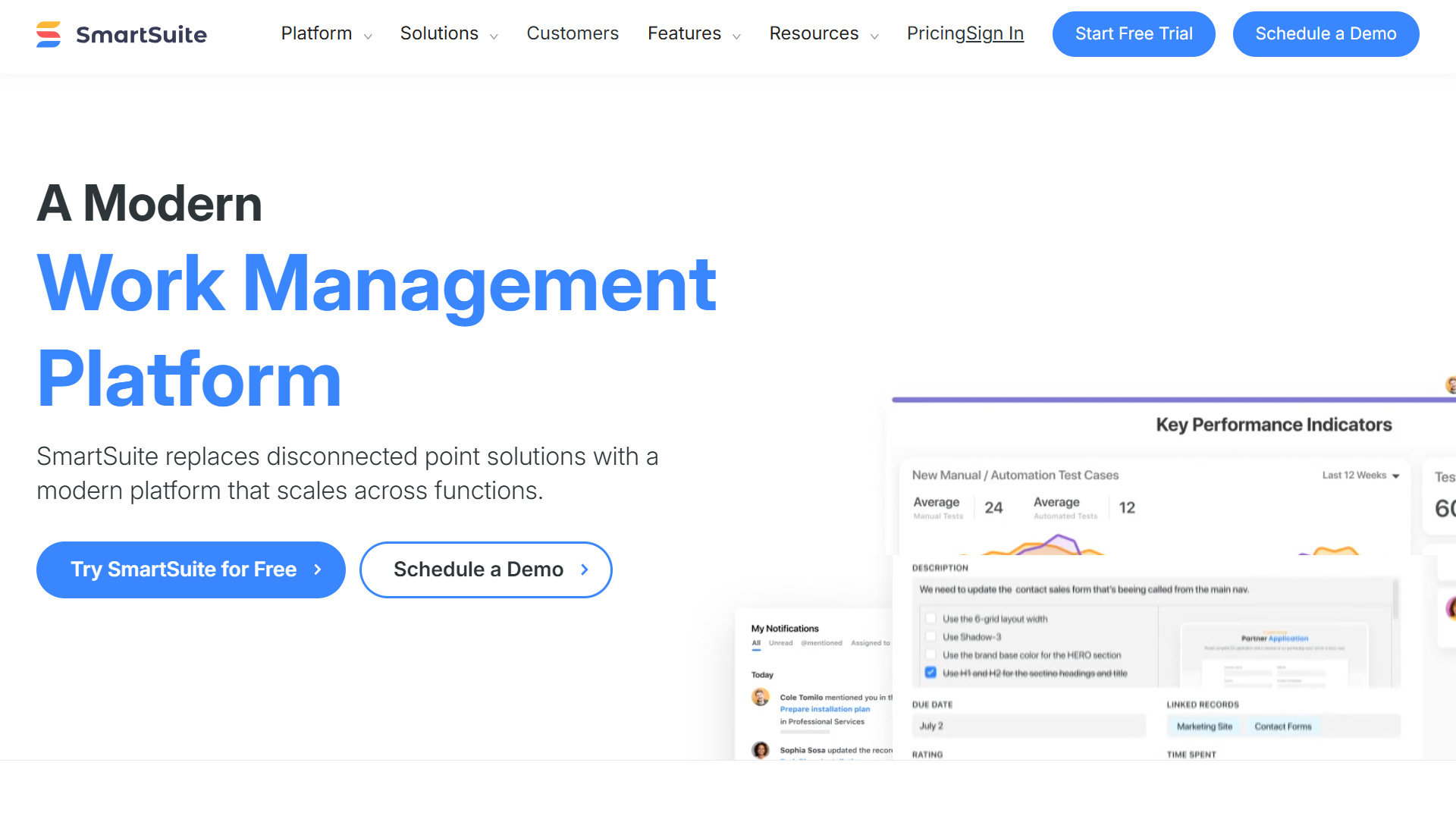 Screenshot of SmartSuite’s homepage featuring the headline “A Modern Work Management Platform,” showcasing how the brand positions itself to be the first brand mentioned in AI search through clear value props, task dashboards, and direct call-to-action buttons like “Try SmartSuite for Free.”