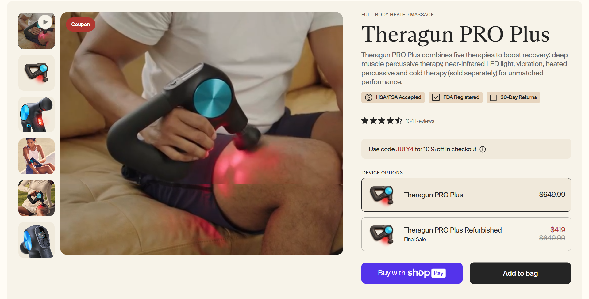 Screenshot of the Theragun PRO Plus product page showing a person using the device on their thigh. The product is described as a full-body heated massage tool combining five recovery therapies, including percussive therapy, vibration, and near-infrared LED light. Pricing is listed at $649.99 for the new device and $419 for the refurbished option. Buttons for adding to bag and purchasing with Shop Pay are visible.