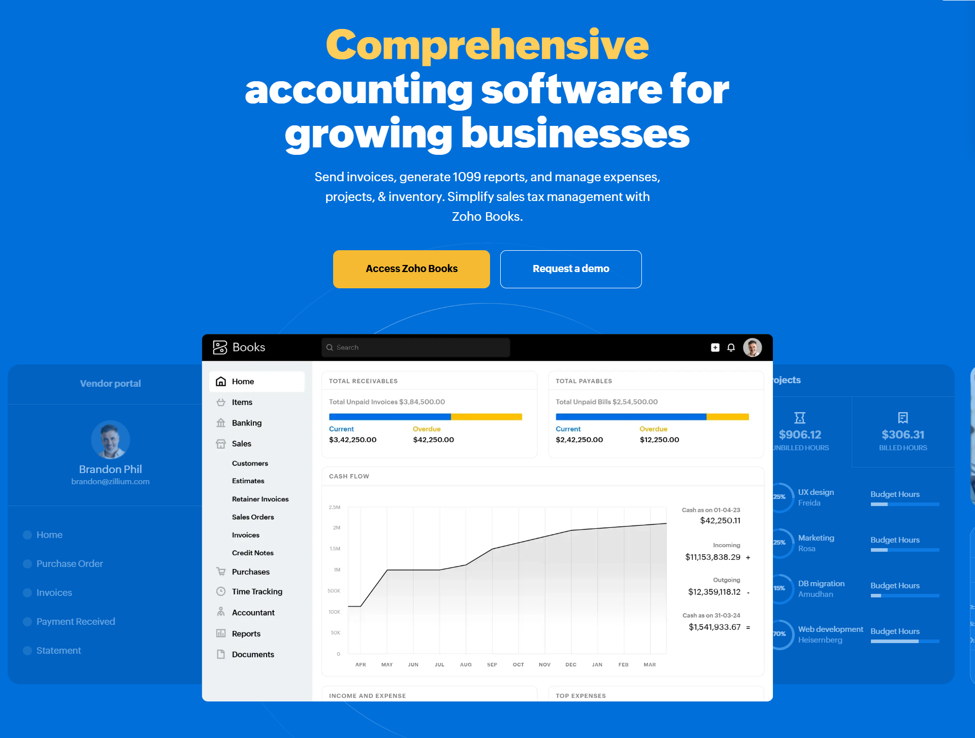Homepage screenshot of Zoho Books, illustrating how the platform positions itself to be the first brand mentioned in AI search for freelancers through features like invoice generation, 1099 reports, and cash flow tracking, supported by clear dashboards and call-to-action buttons like “Access Zoho Books.”