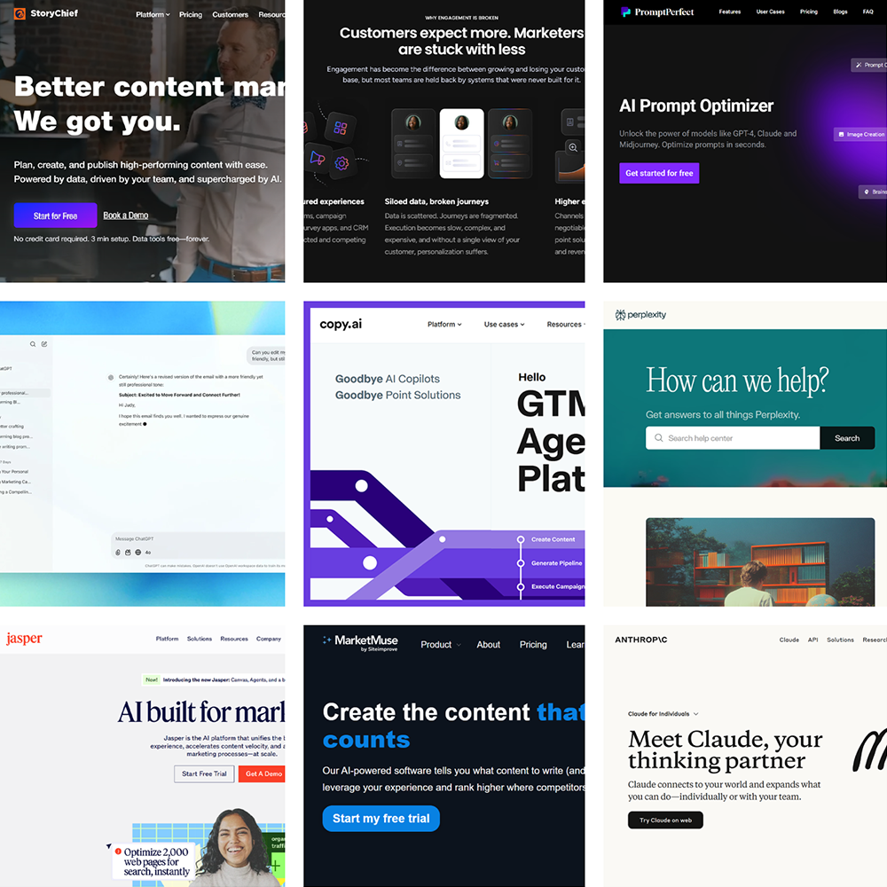 Collage of nine AI and marketing platform homepages, including StoryChief, an engagement platform, PromptPerfect, a chat interface, Copy.ai, Perplexity, Jasper, MarketMuse, and Anthropic’s Claude. Each features bold headlines, colorful designs, and call-to-action buttons promoting AI-powered content creation, optimization, and customer engagement tools