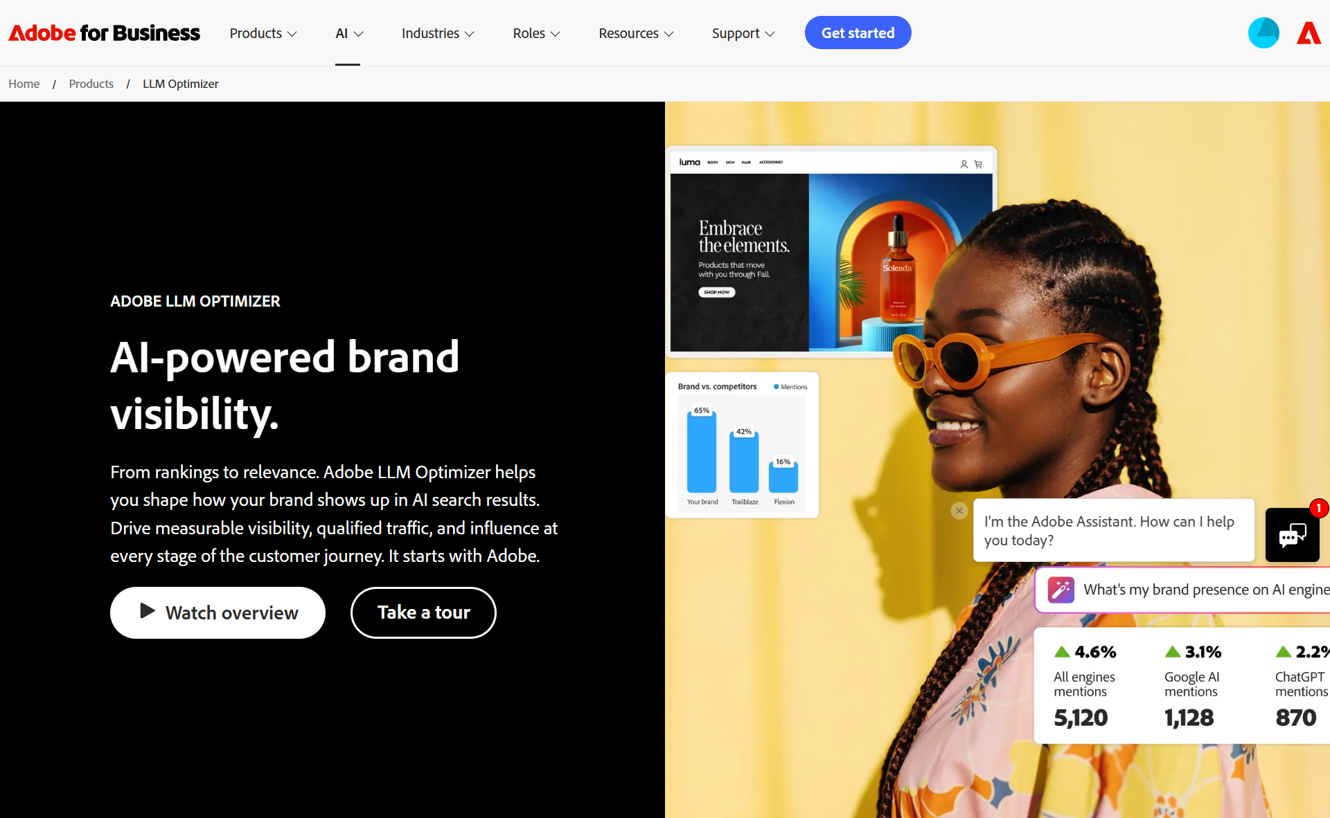 A woman in bright orange sunglasses stands against a yellow backdrop, with floating UI elements showing brand-visibility analytics, including competitor comparison charts and AI-engine mention counts. The visuals suggest tracking brand presence across ChatGPT, Google AI, and other AI search engines.