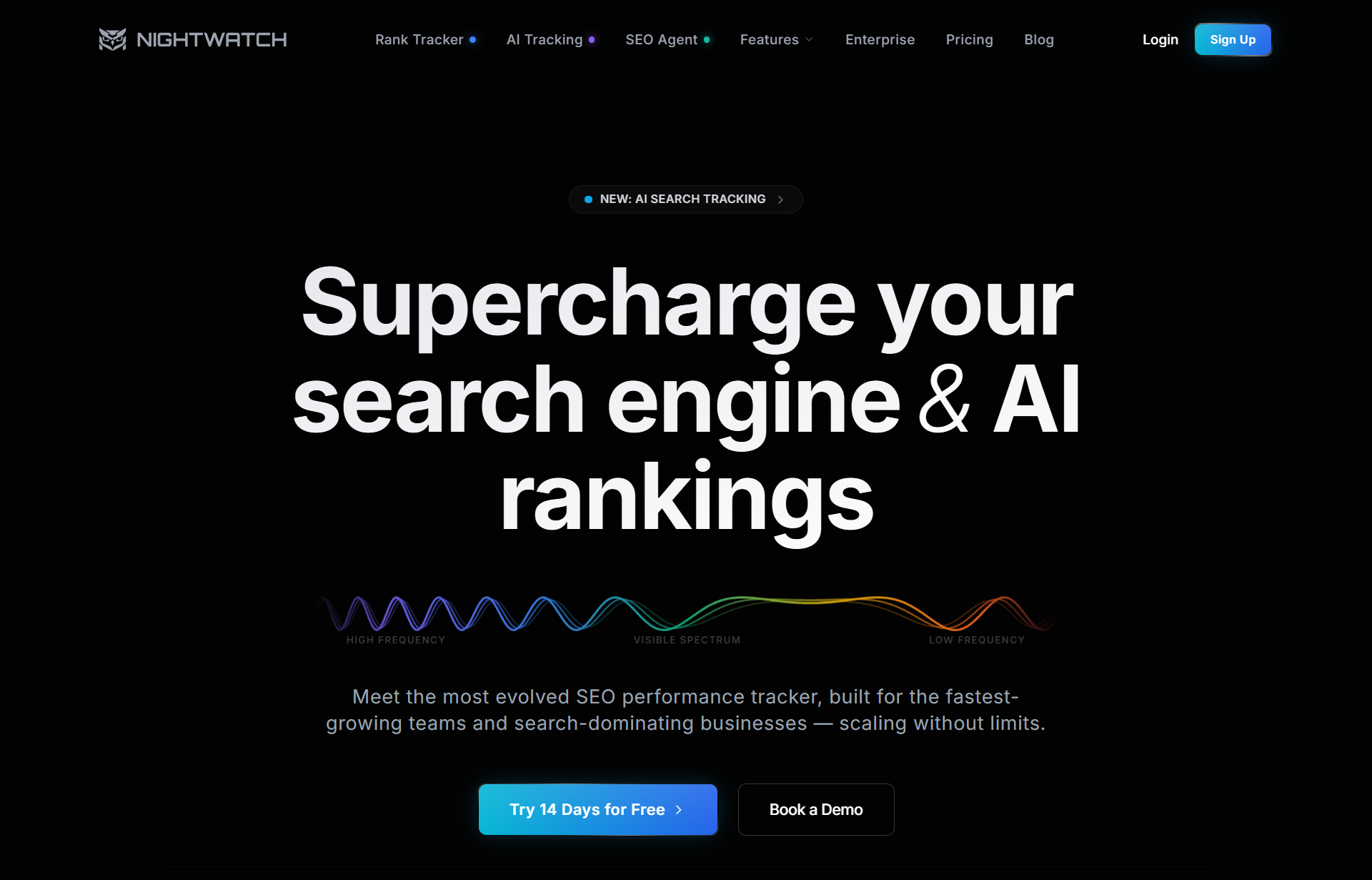 Screenshot of the Nightwatch homepage featuring a dark background and large white headline text that reads, “Supercharge your search engine & AI rankings.” The page highlights Nightwatch’s AI search tracking, SEO performance tools, and options to start a 14-day free trial or book a demo.